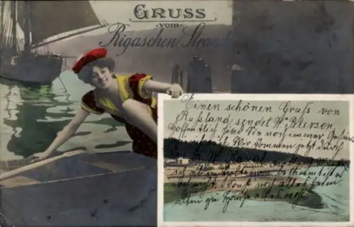 Passepartout Ak Jūrmala Rigaer Strand Rigascher Strand Lettland, Frau im Badeanzug, Boot, coloriert