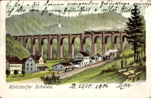 Litho Hetzdorf Halsbrücke in Mittelsachsen, Hetzdorfer Schweiz, Eisenbahnviadukt