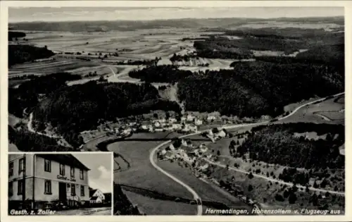 Ak Hermentingen Veringenstadt in Hohenzollern, Luftaufnahme von Hermentingen, Gasthaus Zoller, La