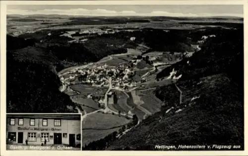 Ak Hettingen Schwäbische Alb, Luftaufnahme, Gasthof Metzgerei zum Ochsen