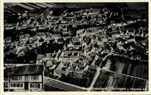 Ak Großbrembach Buttstädt in Thüringen, Fliegeraufnahme, Gastwirtschaft und Fleischerei