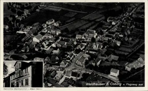 Ak Weidhausen bei Coburg Oberfranken, Luftaufnahme von Weidhausen, Gemischtes Warengeschäft, Albe