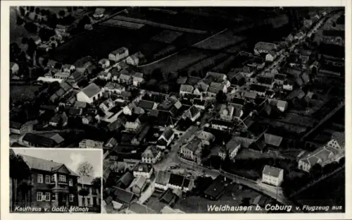 Ak Weidhausen bei Coburg Oberfranken, Luftaufnahme von Weidhausen, Kaufhaus v. Gottl. Mönch, Häus