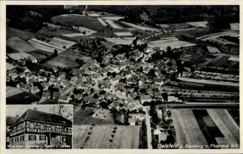 Ak Geisfeld Strullendorf in Oberfranken, Luftaufnahme von Geisfeld, Krug'sche Brauerei, Gasthaus 