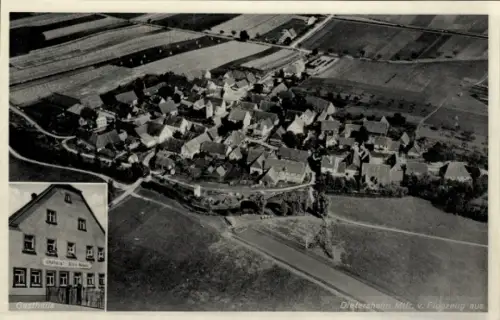 Ak Dietersheim Bingen am Rhein, Luftaufnahme von  Gasthaus v. Adam Schorr, Felder, Häuser
