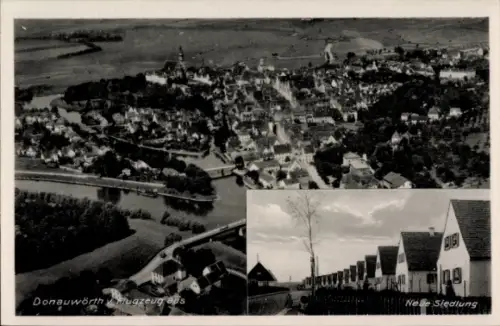 Ak Donauwörth in Schwaben Bayern, Luftaufnahme von  Siedlung, Fluss, Häuser