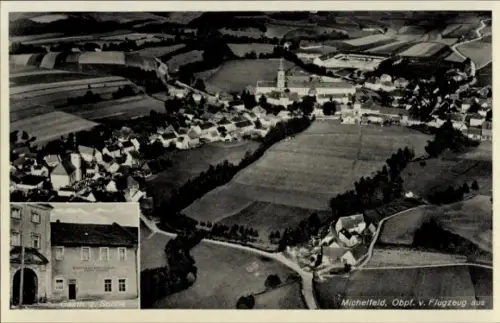 Ak Michelfeld im Kreis Schwäbisch Hall, Luftaufnahme von  Ortsschild, Landschaft, Häuser