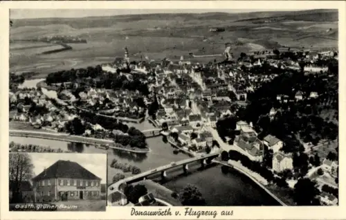 Ak Donauwörth in Schwaben Bayern, Luftaufnahme von  Gasthof Grüner Baum, Fluss, Brücke