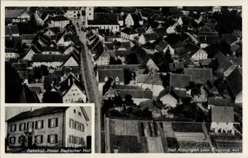 Ak Bad Krozingen im Breisgau Schwarzwald, Luftaufnahme  Bahnhof-Hotel Badischer Hof, Wohnhäuser, 