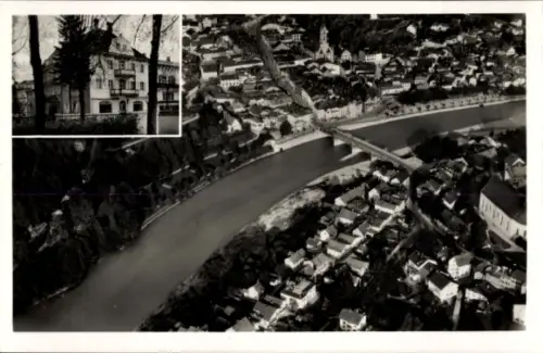 Ak Bad Tölz in Oberbayern, Luftaufnahme von  Fluss, Brücke, Häuser, Kaffee Carlo