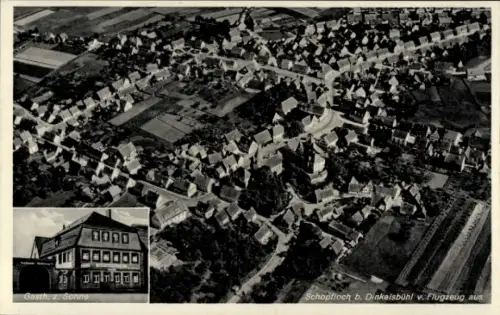 Ak Schopfloch in Mittelfranken, Luftaufnahme von Schopfloch, Gasthaus zur Sonne, Fremdenzimmer, A