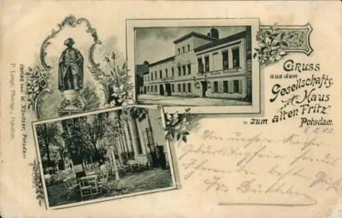 Ak Potsdam, Gesellschaftshaus Zum alten Fritz, Inh. Gustav Schmidt, Garten, Denkmal