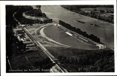 Ak Rappenwörth Karlsruhe in Württemberg, Fliegeraufnahme vom Rheinstrand