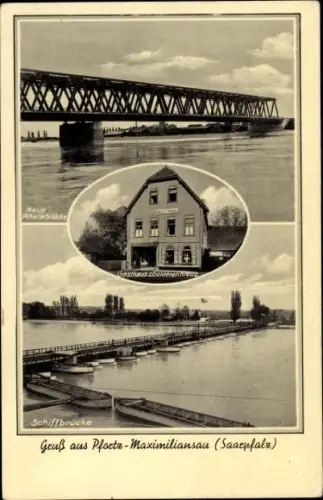 Ak Pfortz Maximiliansau Wörth am Rhein, Schiffbrücke, Gasthaus zum Goldenen Kreuz, Rheinbrücke