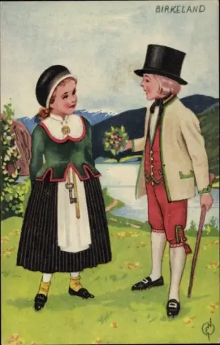 Künstler Ak Norwegen, Birkeland, Kinder in norwegischer Tracht