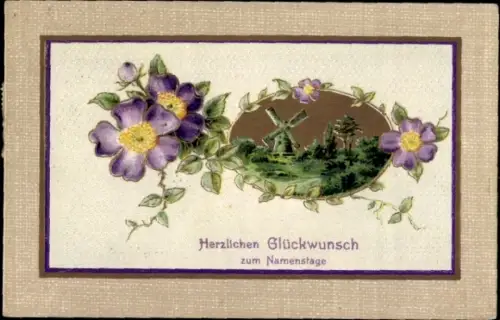 Präge Ak Glückwunsch Namenstag, Dorfidyll, Windmühle