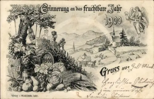 Litho Zell im Wiesental, Kirche, Engel, Erntezeit, Erntedank Fruchtbares Jahr 1900