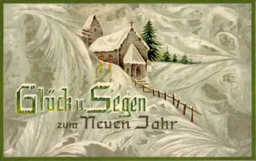Ak Glückwunsch Neujahr, Kirche, Tannenbäume