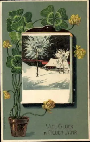 Präge Passepartout Ak Glückwunsch Neujahr, Kleeblatt, Dorf im Winter