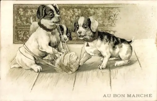 Künstler Ak Drei Hundewelpen beim Spielen, Tierportrait