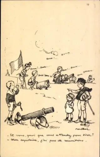 Künstler Ak Poulbot, Francisque, Kinder spielen Soldaten, Spielzeugkanonen, Fahne