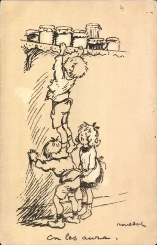 Künstler Ak Poulbot, F., Kinder holen sich ein Glas Marmelande