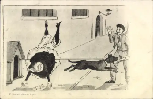 Künstler Ak Frau stürzt über gespannte Hundeleine, Hundehütte, Mann