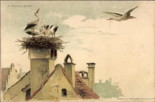 Litho Elsaß Lothringen, Retour au Nid, Storchennest, Rückkehr