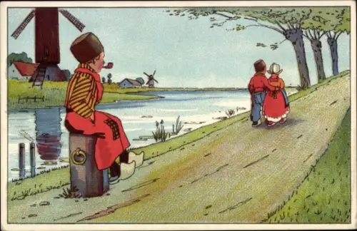 Künstler Ak Paar in Niederländischer Tracht, Windmühle