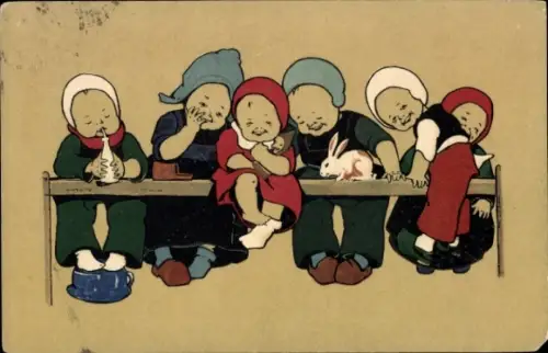 Ak Kinder in niederländischer Tracht am Tisch, Kaninchen
