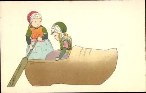 Ak Kinder in einem Holzschuh, Trachten Niederlande