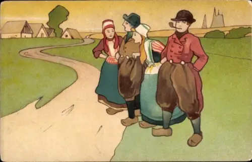 Künstler Ak Dorfpartie, Paare in Niederländischen Trachten