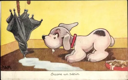 Künstler Ak Hund mit Regenschirm, Humor