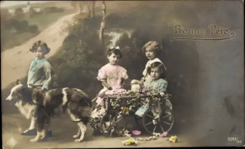 Ak Bonne Fête, Kinder, Hund, geschmückter Wagen