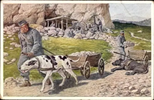 Künstler Ak Sanitätshinde, Zughunde für den Wegebau, Soldaten, Steine