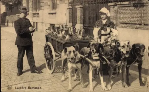 Ak Milchmädchen in belgischer Tracht, Hundekarren, Polizist