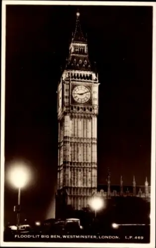 Ak Westminster London City, Big Ben, Westminster,  Nachtaufnahme, beleuchtet, 