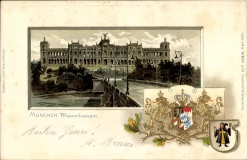 Präge Wappen Litho München Bayern, Maximilianeum