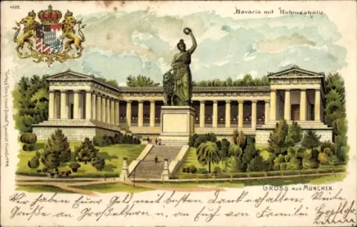 Wappen Litho München Bayern, Bavaria mit Ruhmeshalle