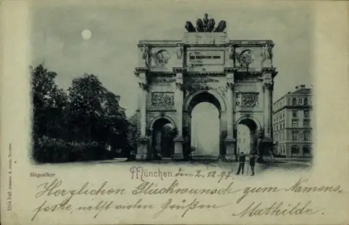Mondschein Ak München Bayern, Siegestor bei Nacht