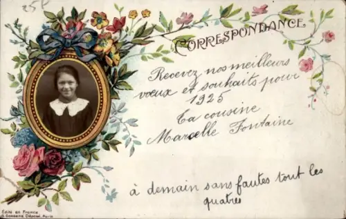 Passepartout Foto Ak Mädchen mit Spitzenkragen, Portrait, Marcelle Fontaine, Blumen, 1925