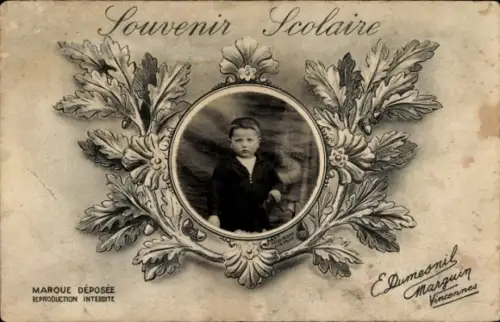 Passepartout Foto Ak Junge, Kinderportrait, Souvenir Scolaire, E. Dumesnil Marquin, Vincennes