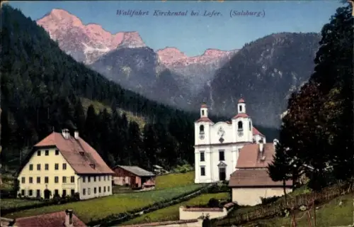 Ak Lofer in Salzburg, Wallfahrt Kirchental, Berge, Kirche, Häuser, Landschaft
