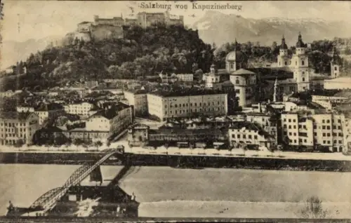 Ak Salzburg in Österreich,  Kapuzinerberg, Fluss, Brücke,  Gebäude
