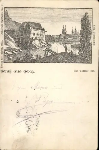 Ak Graz Steiermark, Historische , Landschaftsbild, Fluss, Gebäude, Person