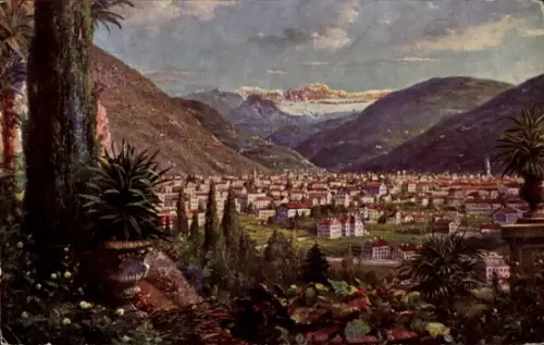 Ak Gries Bozen Bolzano Südtirol, Landschaft mit Bergen, Stadtansicht, Pflanzen, Rosengarten