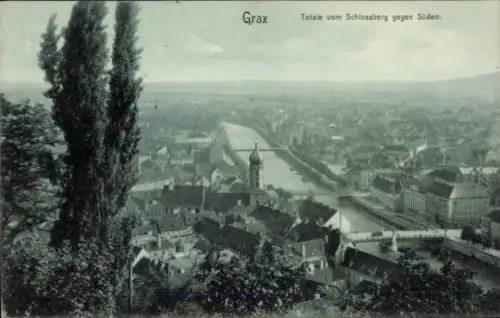 Ak Graz Steiermark,  Schlossberg, Blick nach Süden, Fluss, Stadtansicht