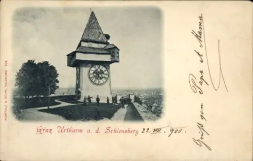 Ak Graz Steiermark, Uhrturm, Schlossberg,  Menschen, Uhr, Schwarz-Weiß