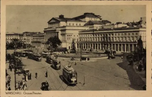 Ak Warszawa Warschau Polen,  Grosses Theater, Straßenbahnen, Menschen, Bäume