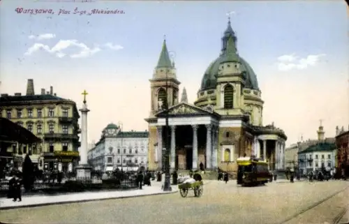 Ak Warszawa Warschau Polen, Warszawa, Platz S-ge Aleksandra, Kirche, Menschen, Pferdewagen, Straß